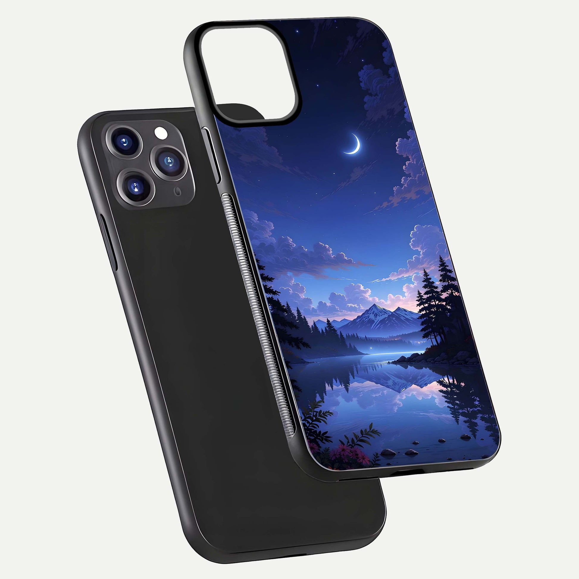 Midnight Lake Peace Glass Case for iPhone 11 Pro Max front & back layout highlighting calm design and curved edges