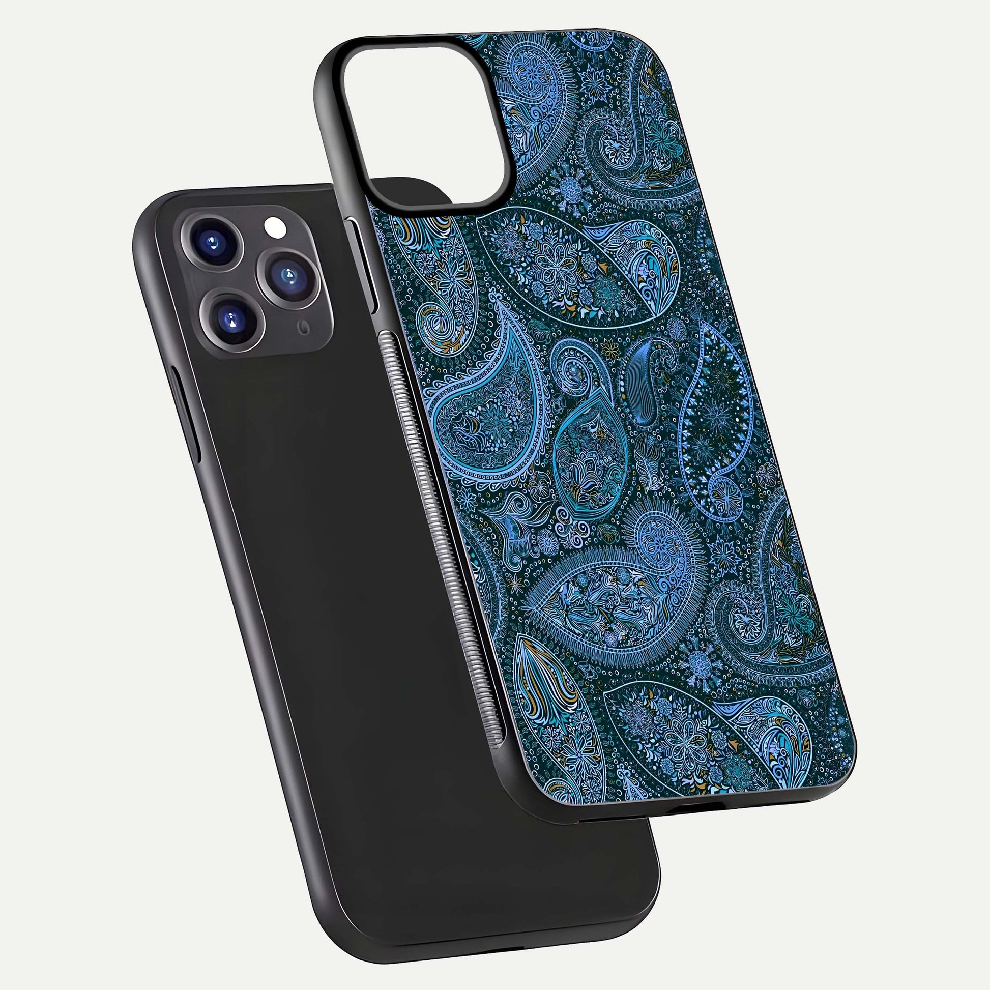 Midnight Paisley Glow Glass Case for iPhone 11 Pro Max front & back layout highlighting elegant edge finish