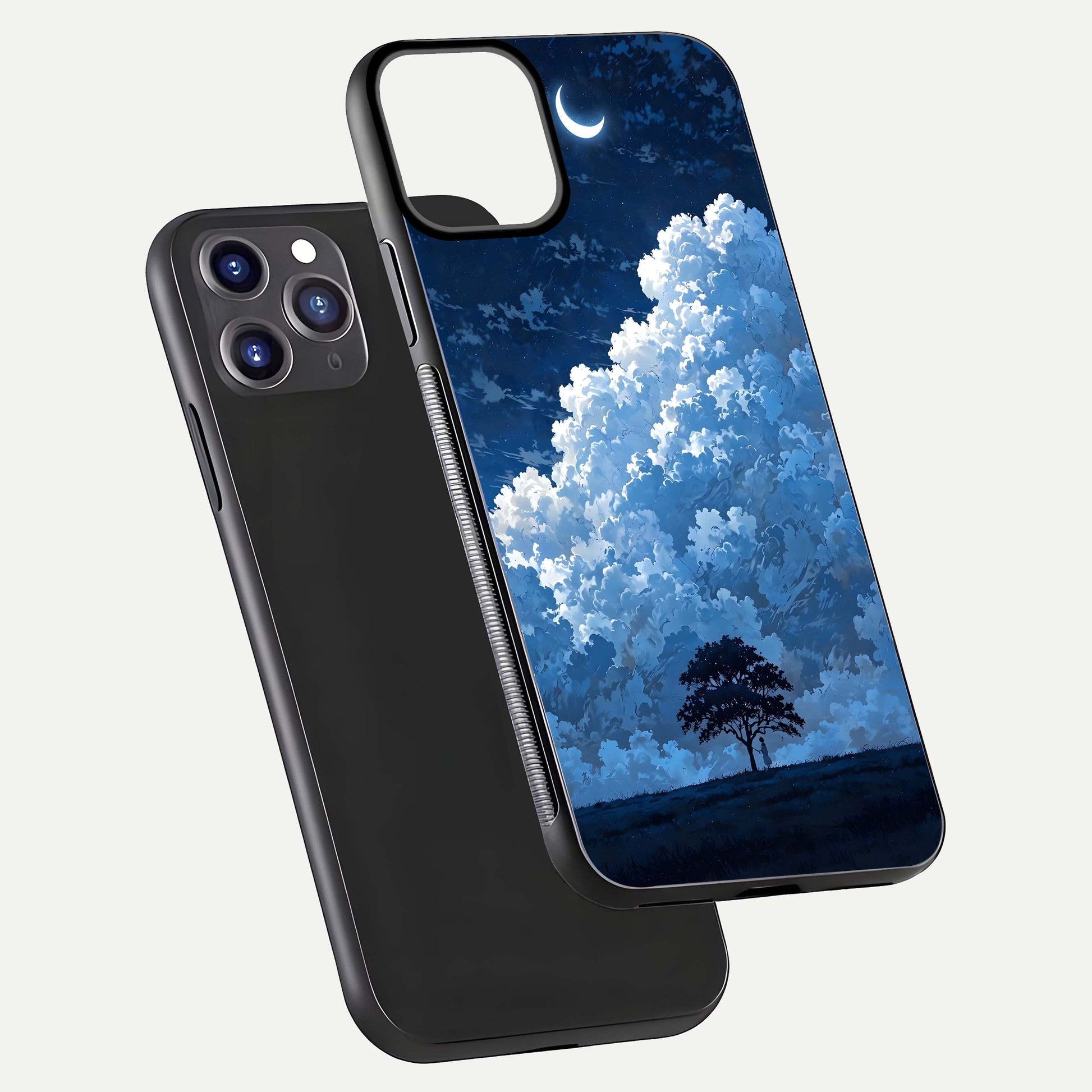 Midnight Sky Serenity Glass Case for iPhone 11 Pro Max front & back layout highlighting celestial art and curves