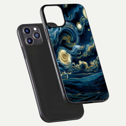 Midnight Sky Whirl Glass Case for iPhone 11 Pro Max front & back layout highlighting celestial movement art