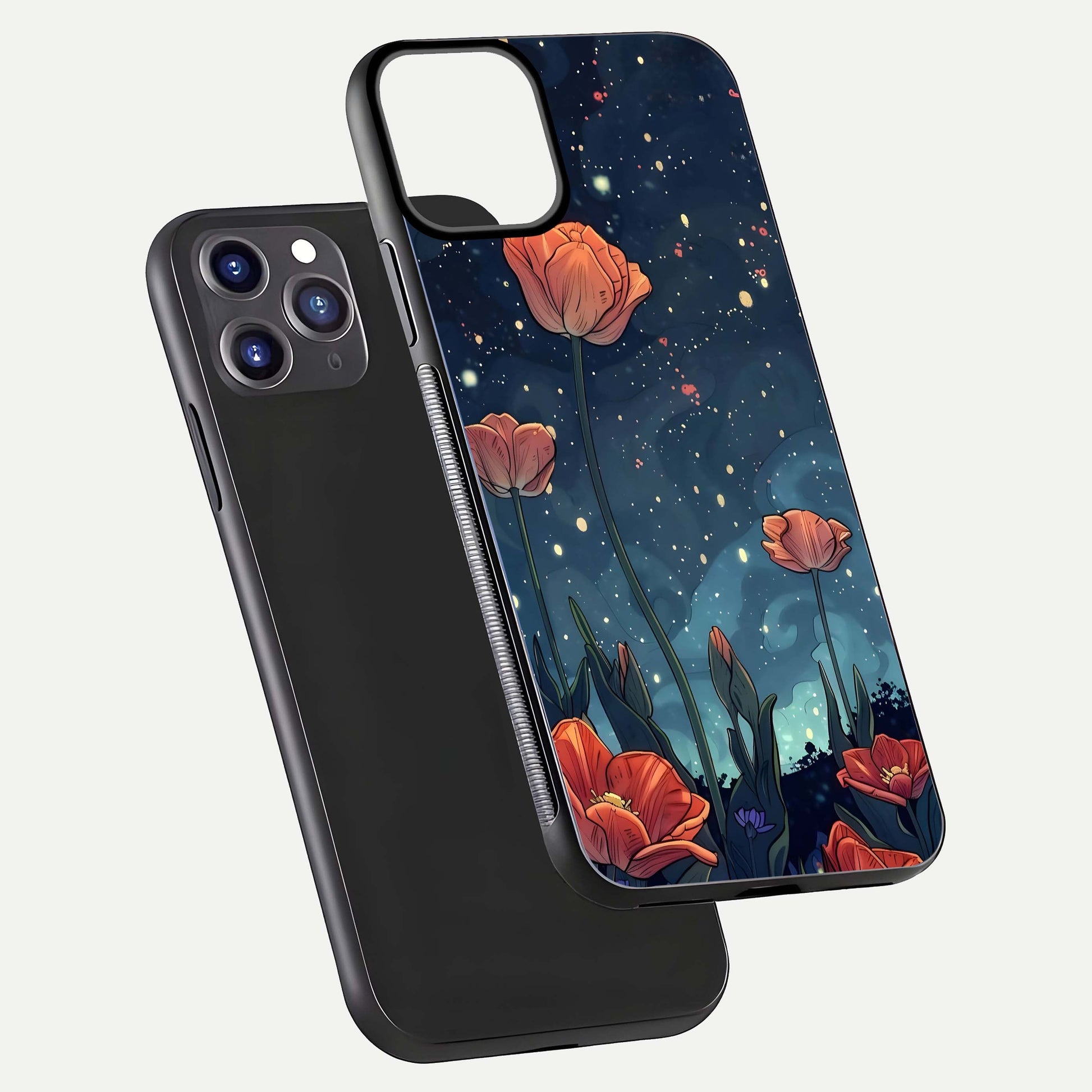 Midnight Tulip Glow Glass Case for iPhone 11 Pro Max front & back layout highlighting floral glow and curved edges