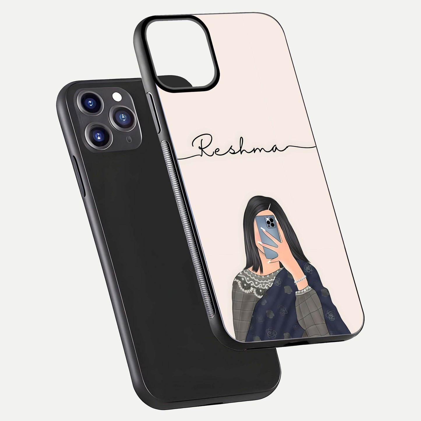 Mirror Mood Muse Custom Name Glass Case for iPhone 11 Pro Max front & back layout showing personalized name placement
