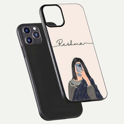 Mirror Mood Muse Custom Name Glass Case for iPhone 11 Pro Max front & back layout showing personalized name placement