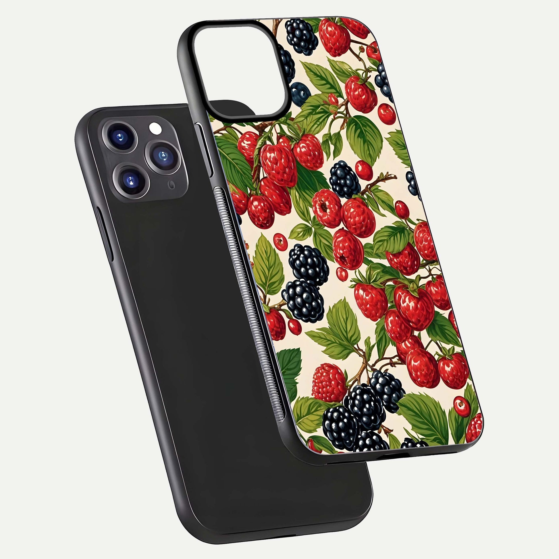 Mixed Berry Collage Glass Case for iPhone 11 Pro Max front & back layout highlighting colorful art and curved edges