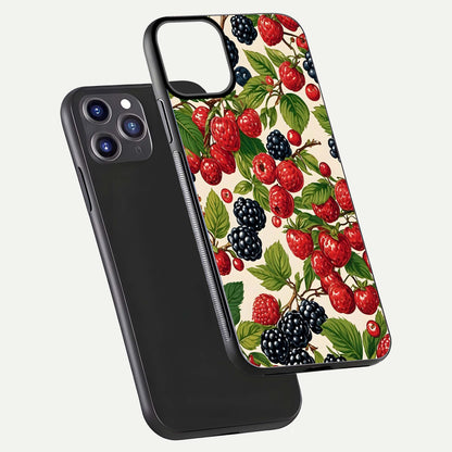 Mixed Berry Collage Glass Case for iPhone 11 Pro Max front & back layout highlighting colorful art and curved edges