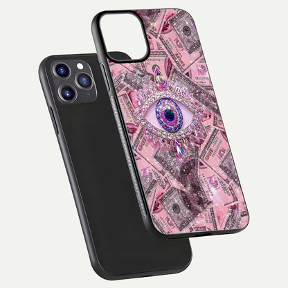 Money Eye Luxe Glass Case for iPhone 11 Pro Max front & back layout highlighting luxury edge design and bold art