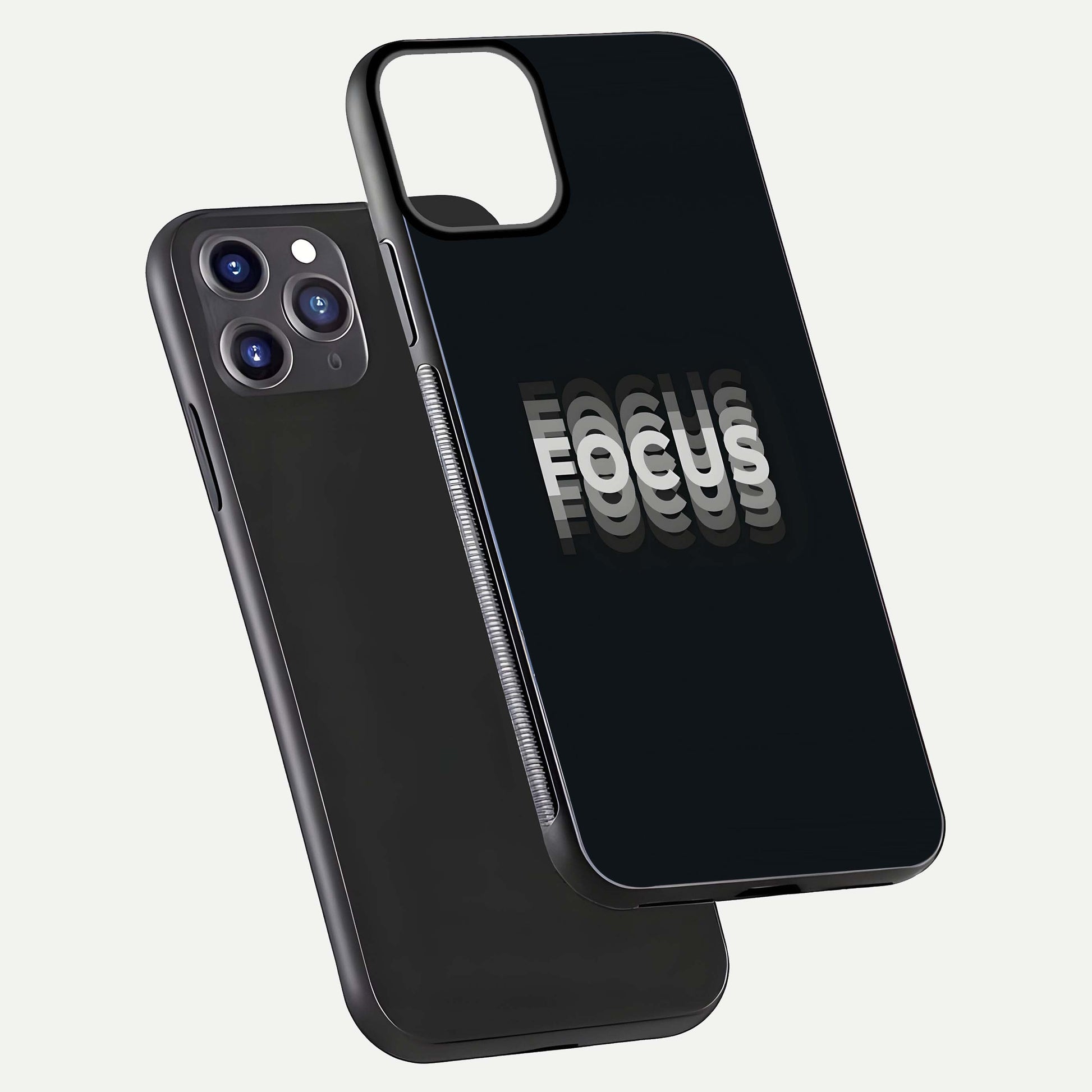 Mono Focus Vision Glass Case for iPhone 11 Pro Max front & back layout showing clean focus lines and curved edges