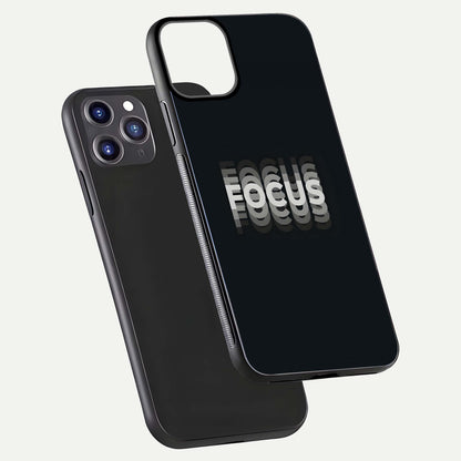 Mono Focus Vision Glass Case for iPhone 11 Pro Max front & back layout showing clean focus lines and curved edges