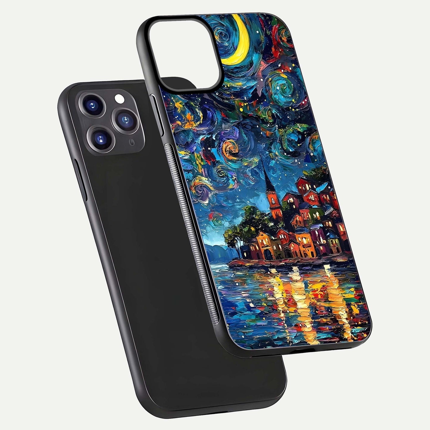 Moonlight Harbor Glow Glass Case for iPhone 11 Pro Max front & back layout highlighting calm harbor tones