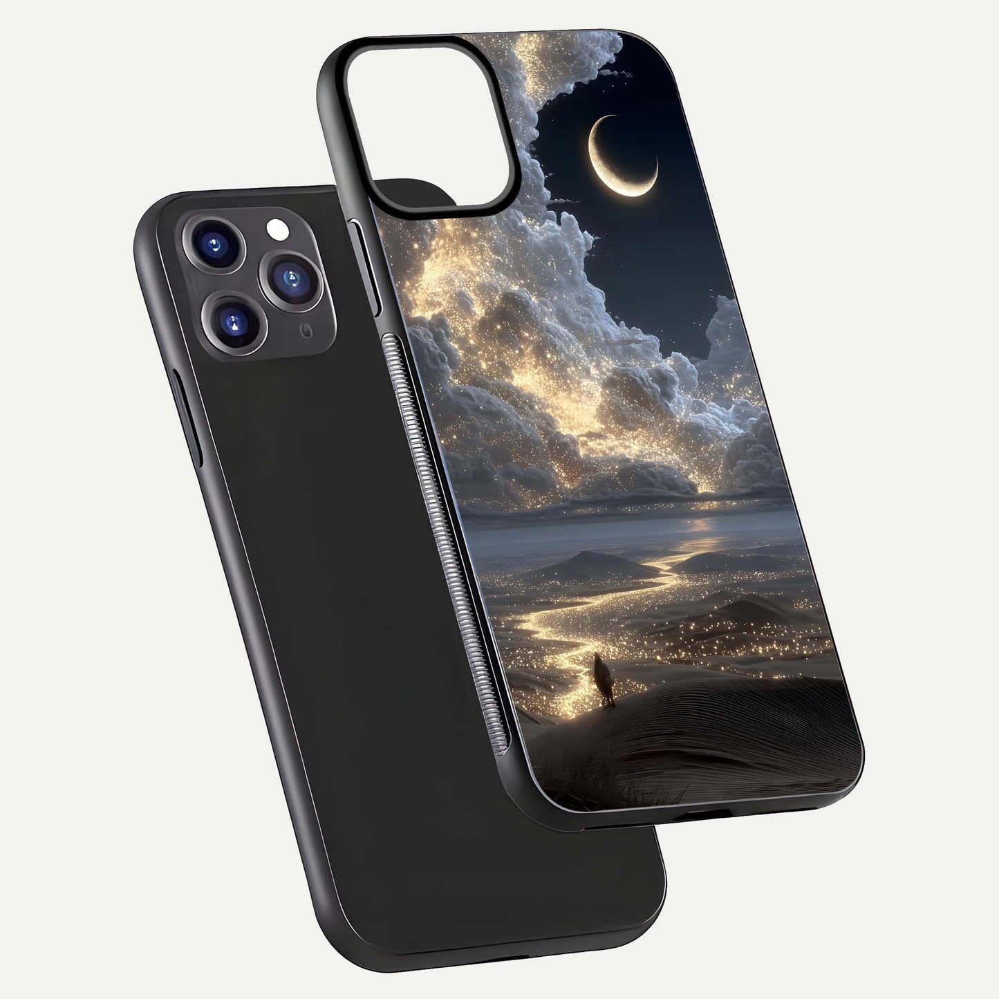 Moonlight Spark Path Glass Case for iPhone 11 Pro Max front & back layout highlighting calm tones and sleek edges