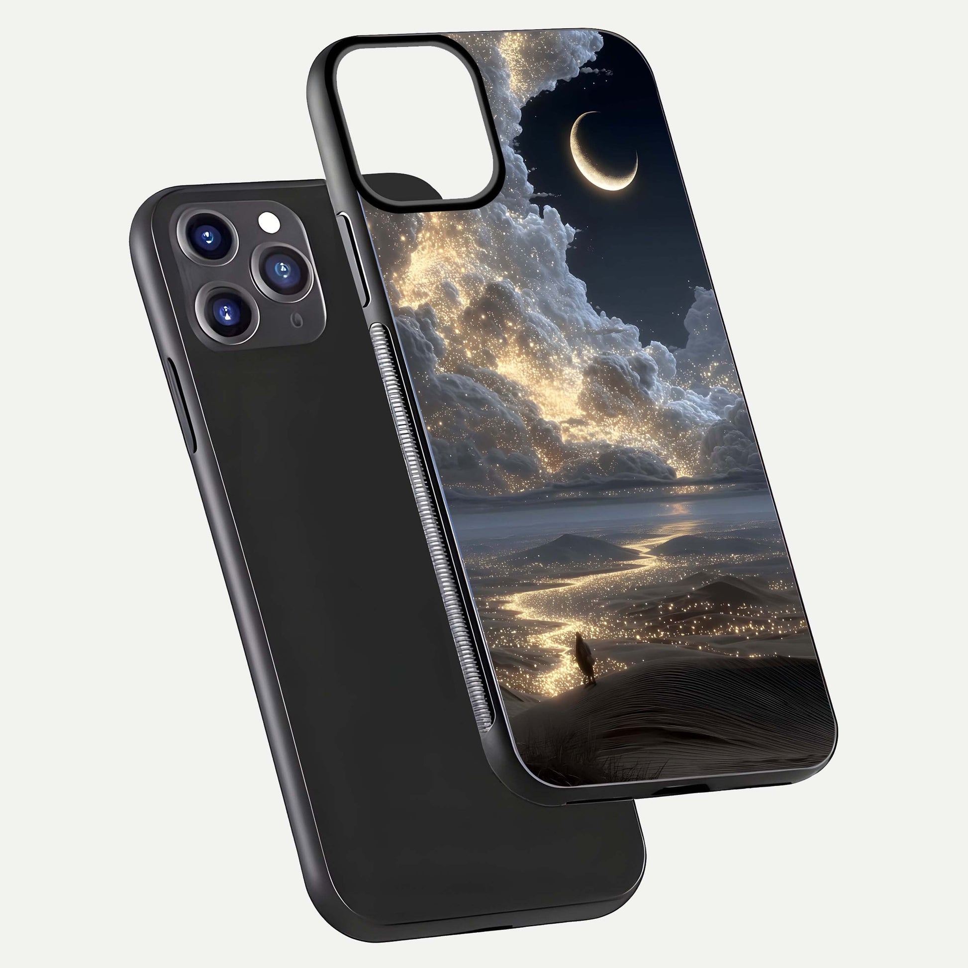 Moonlight Spark Path Glass Case for iPhone 11 Pro Max front & back layout highlighting calm tones and sleek edges