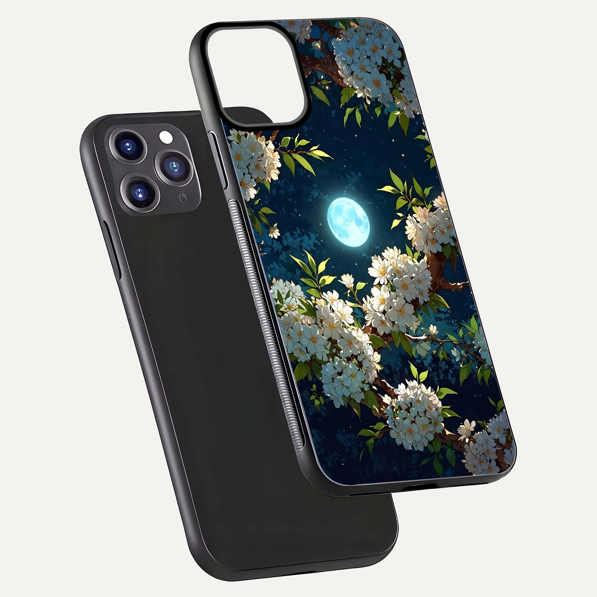 Moonlit Blossom Dream Glass Case for iPhone 11 Pro Max front & back layout highlighting moonlit tones and edges