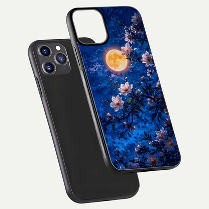 Moonlit Blossoms Night Glass Case for iPhone 11 Pro Max front & back layout highlighting moonlit tones and curved edges