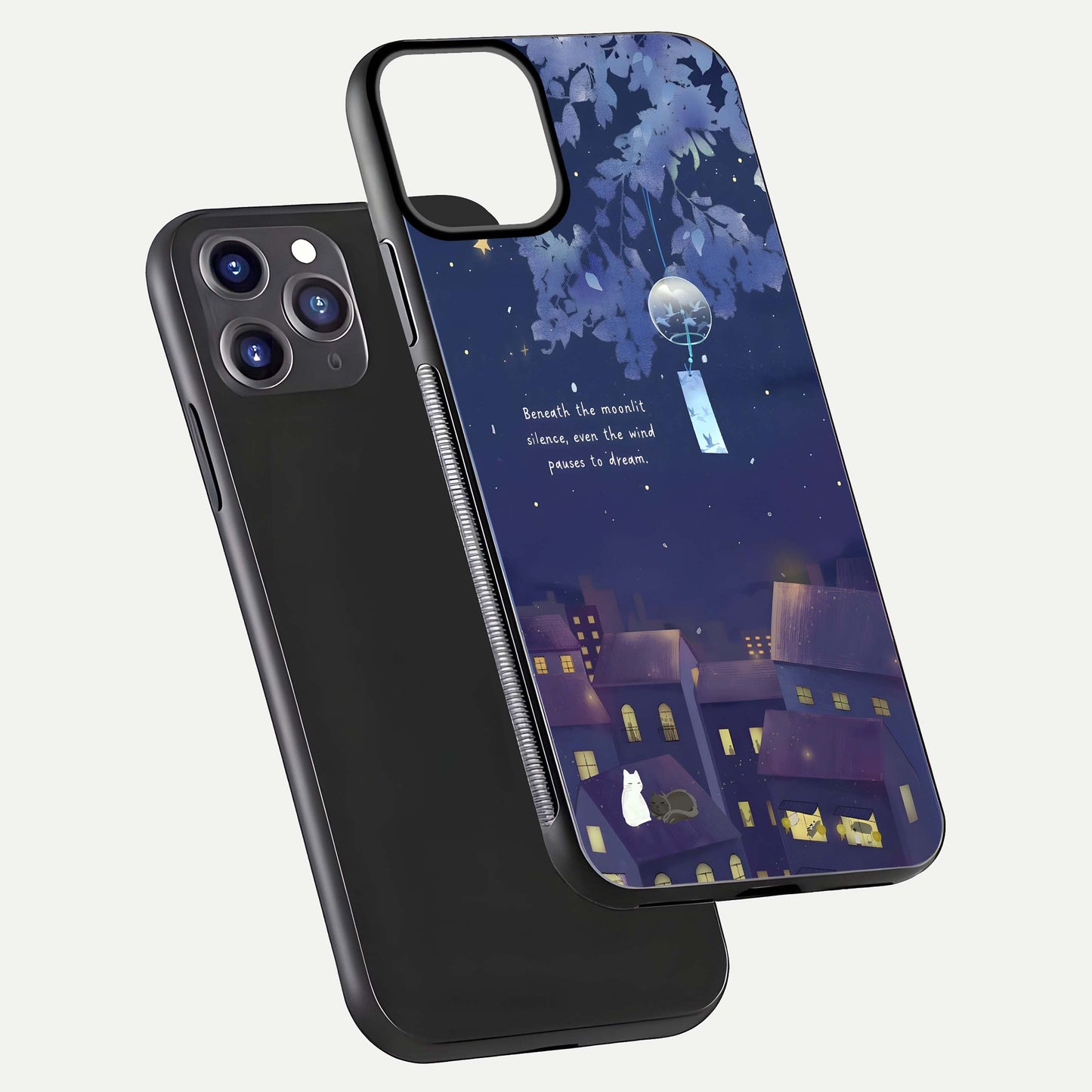 Moonlit Cat Silence Glass Case for iPhone 11 Pro Max front & back layout highlighting calm tones and edge detail