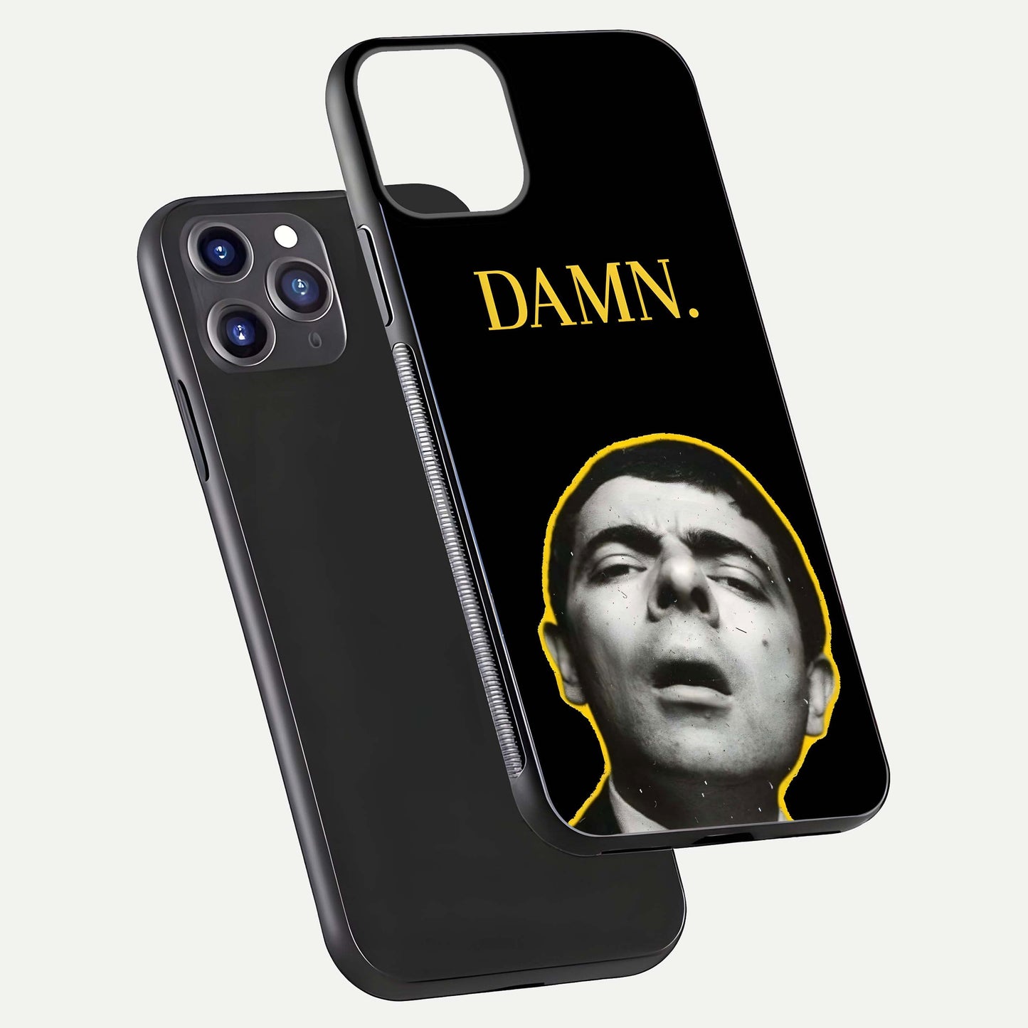Mr Bean Damn Glass Case for iPhone 11 Pro Max front & back layout displaying fun artwork and curved smooth edges