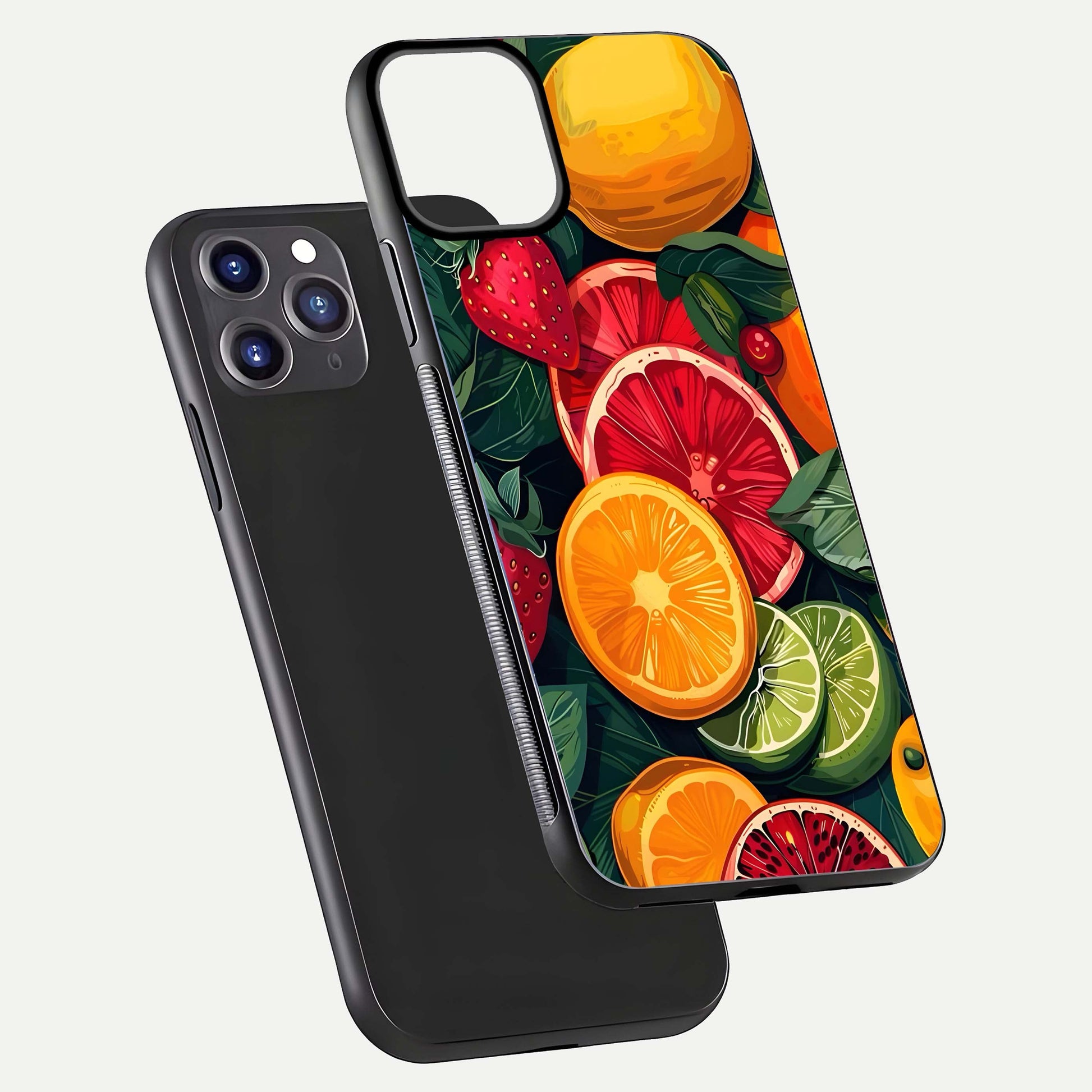 Multiple Fruits Glass Case for iPhone 11 Pro Max front & back layout highlighting vibrant tones and curved edges