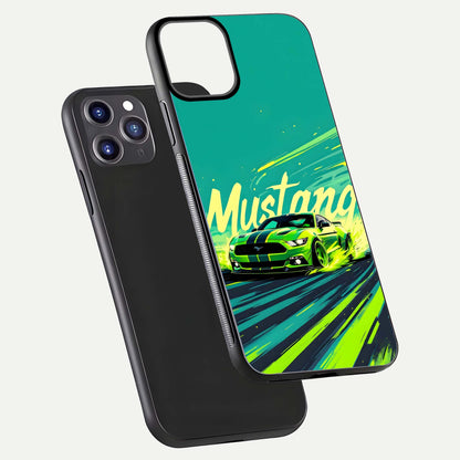 Mustang Bang Glass Case for iPhone 11 Pro Max front & back layout highlighting dark automotive tones and edge detail