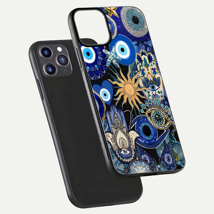 Mystic Blue Evil Eye Glass Case for iPhone 11 Pro Max front & back layout showing elegant tones and edge finish