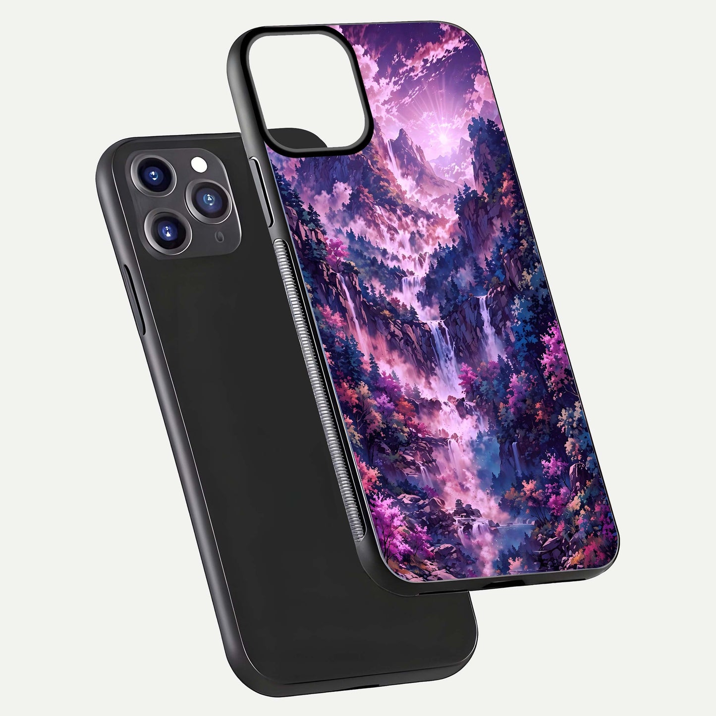 Mystic Cascade Peaks Glass Case for iPhone 11 Pro Max front & back layout highlighting HD landscape tones