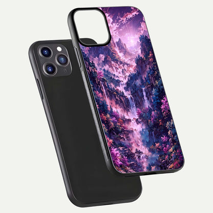 Mystic Cascade Peaks Glass Case for iPhone 11 Pro Max front & back layout highlighting HD landscape tones