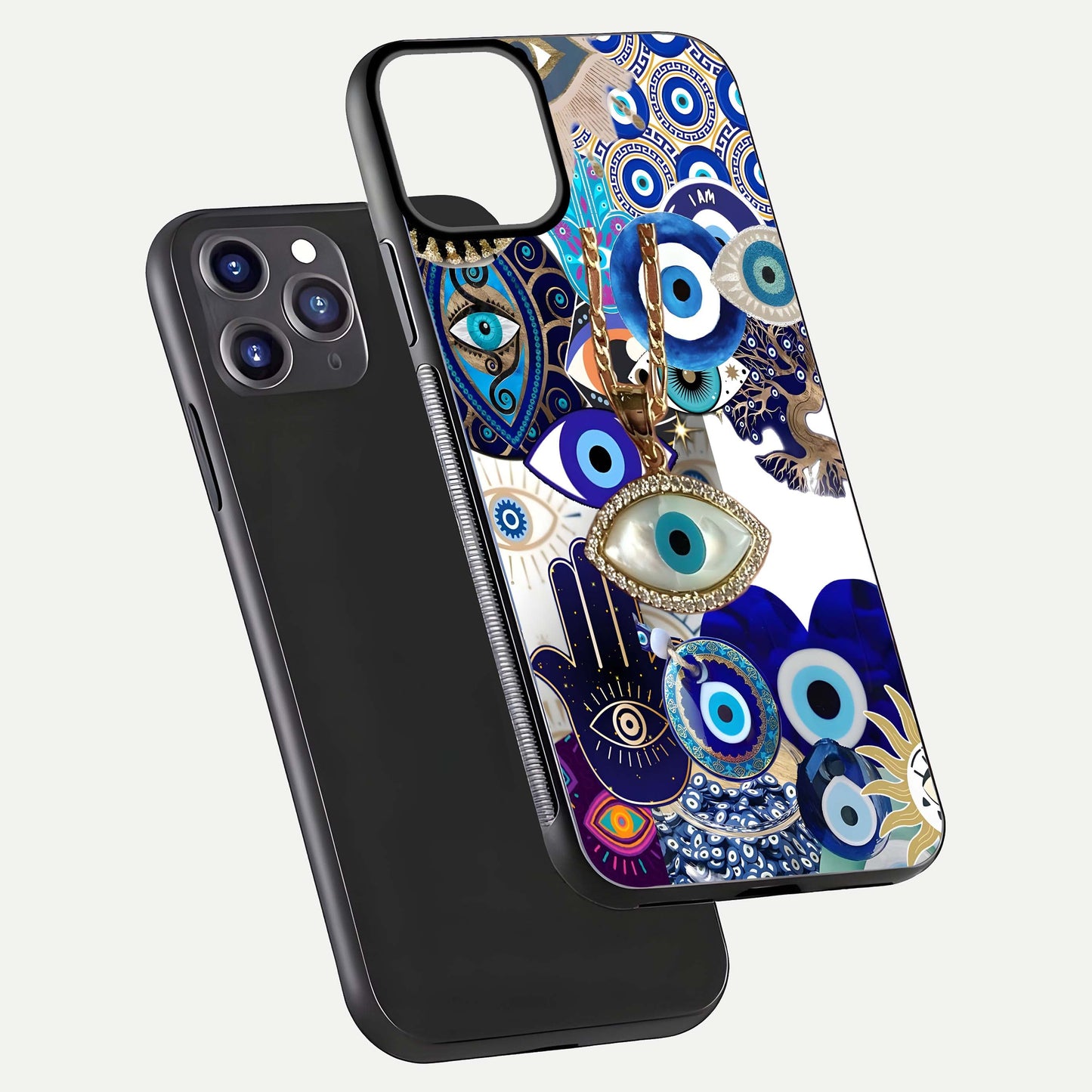 Mystic Charm Eye Glass Case for iPhone 11 Pro Max front & back layout highlighting spiritual design and edges