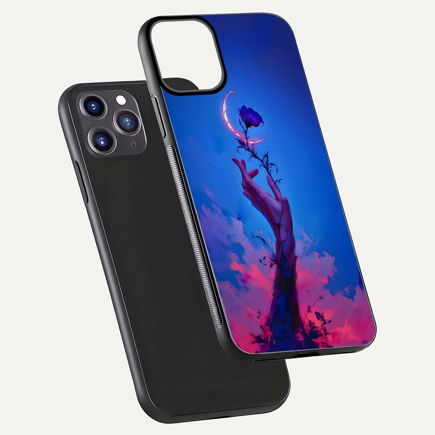Mystic Hand Glass Case for iPhone 11 Pro Max front & back layout highlighting mystic design and smooth edges