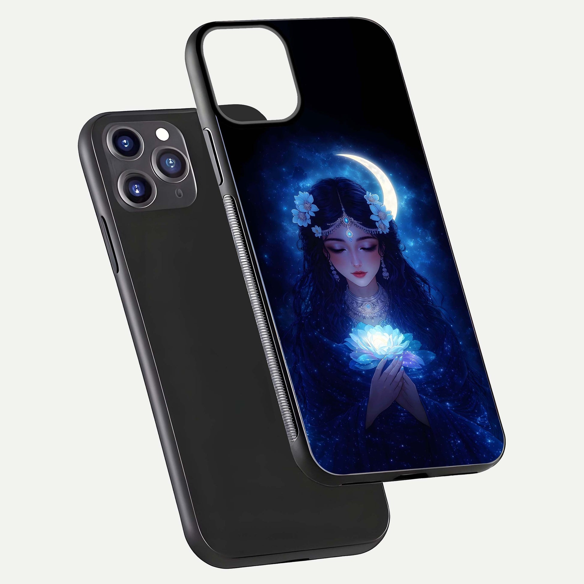Mystic Moon Queen Glass Case for iPhone 11 Pro Max front & back layout highlighting divine illustration and edges