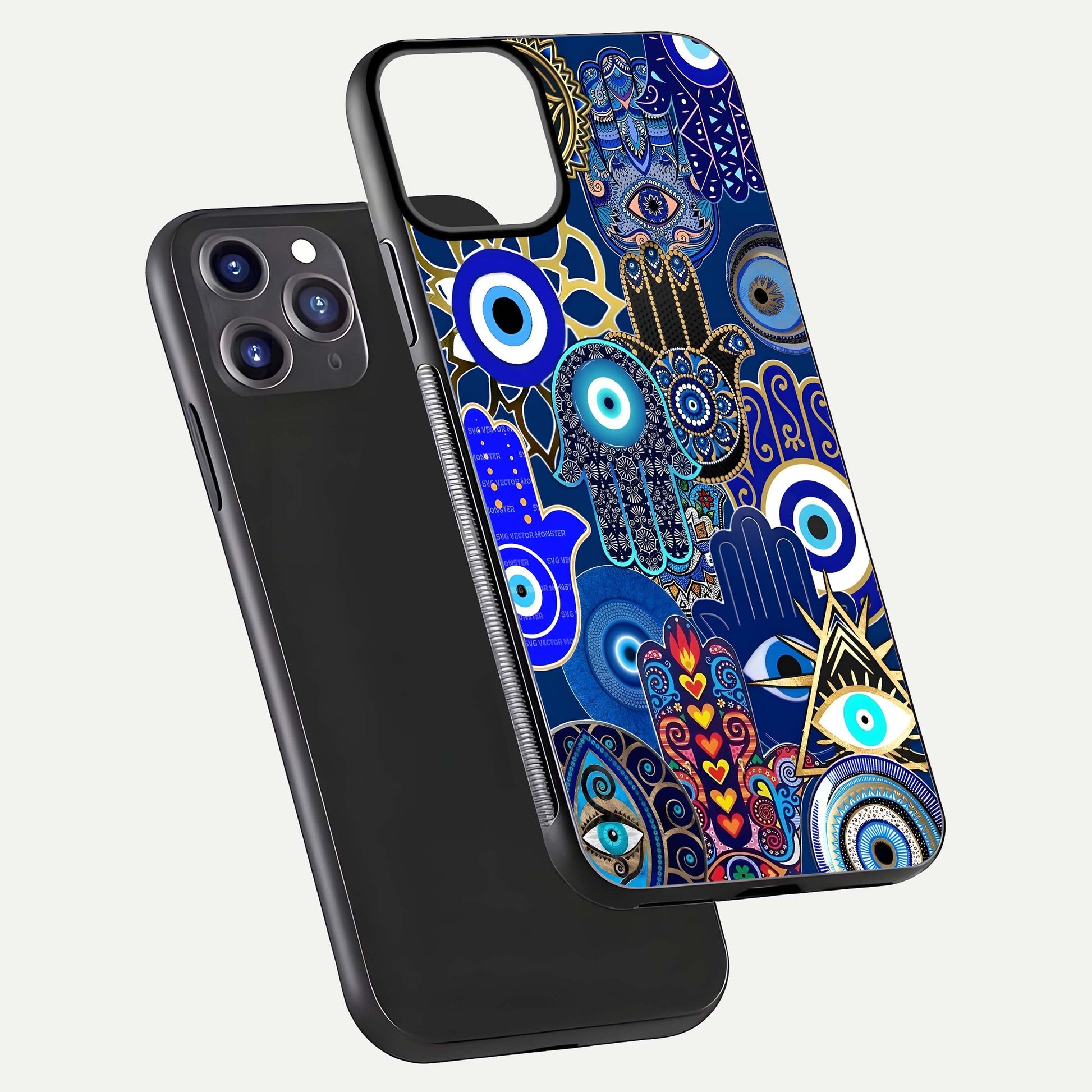 Mystic Palm Guard Glass Case for iPhone 11 Pro Max front & back layout highlighting spiritual art and edge finish