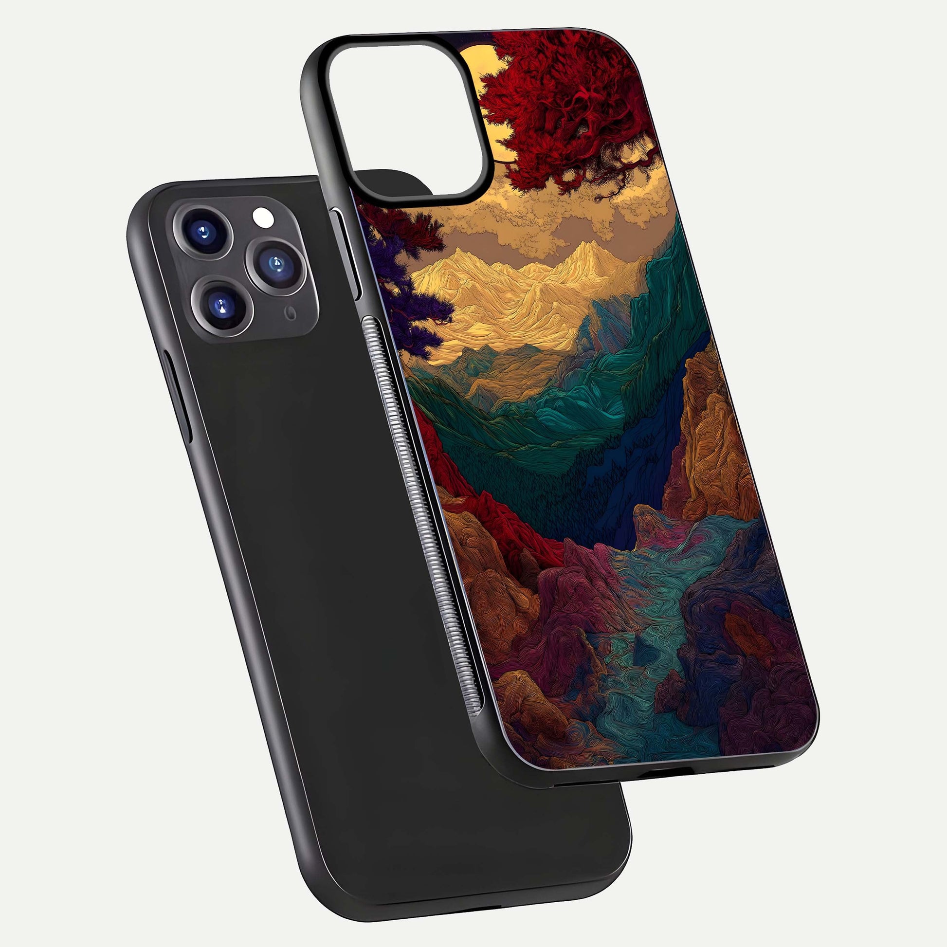 Mystic Valley Light Glass Case for iPhone 11 Pro Max front & back layout displaying landscape tones and edges