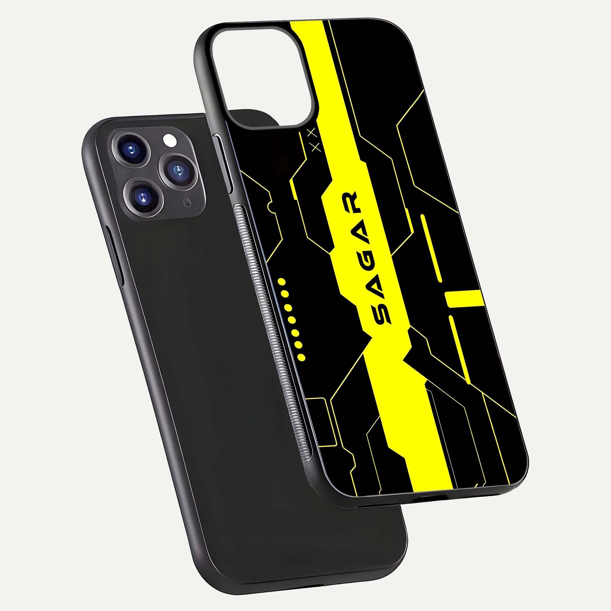 Neon CYBERPUNK Custom Name Glass Case for iPhone 11 Pro Max front & back layout showing tech art and custom edge