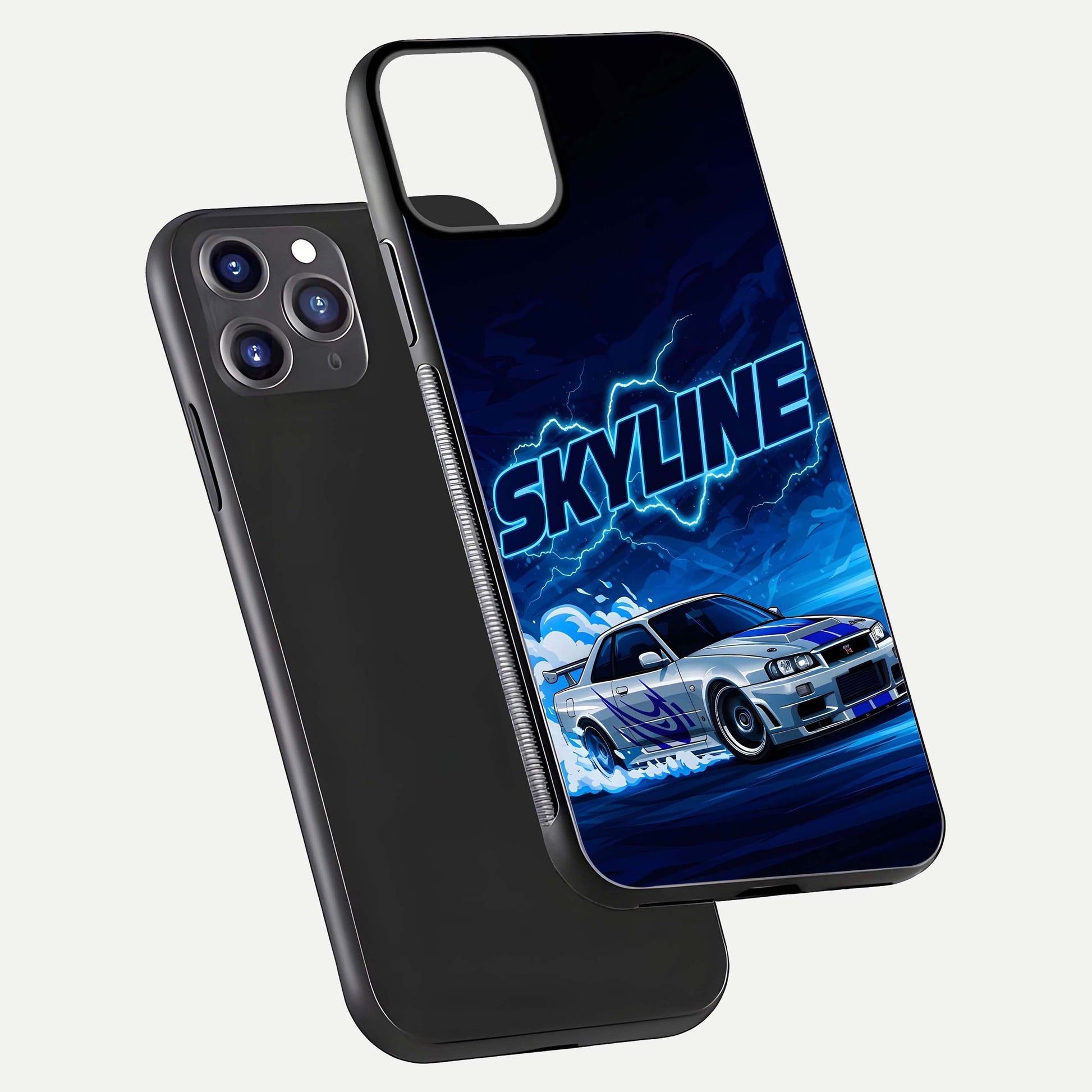 Neon Drift Beast Glass Case for iPhone 11 Pro Max front & back layout showing car silhouette and edge design