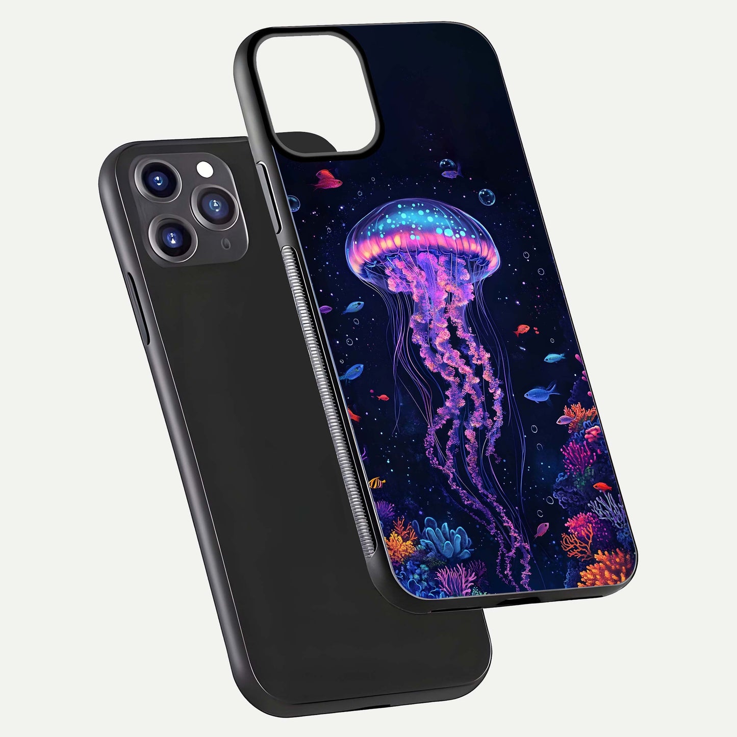 Neon Jellyfish Glass Case for iPhone 11 Pro Max front & back layout highlighting HD marine art and curved edges