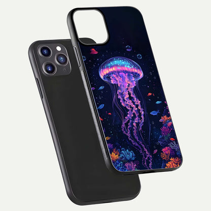 Neon Jellyfish Glass Case for iPhone 11 Pro Max front & back layout highlighting HD marine art and curved edges