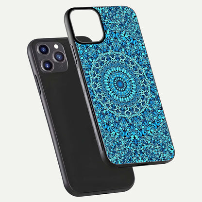 Ocean Bloom Mandala Glass Case for iPhone 11 Pro Max front & back layout showing ocean tone design and edges