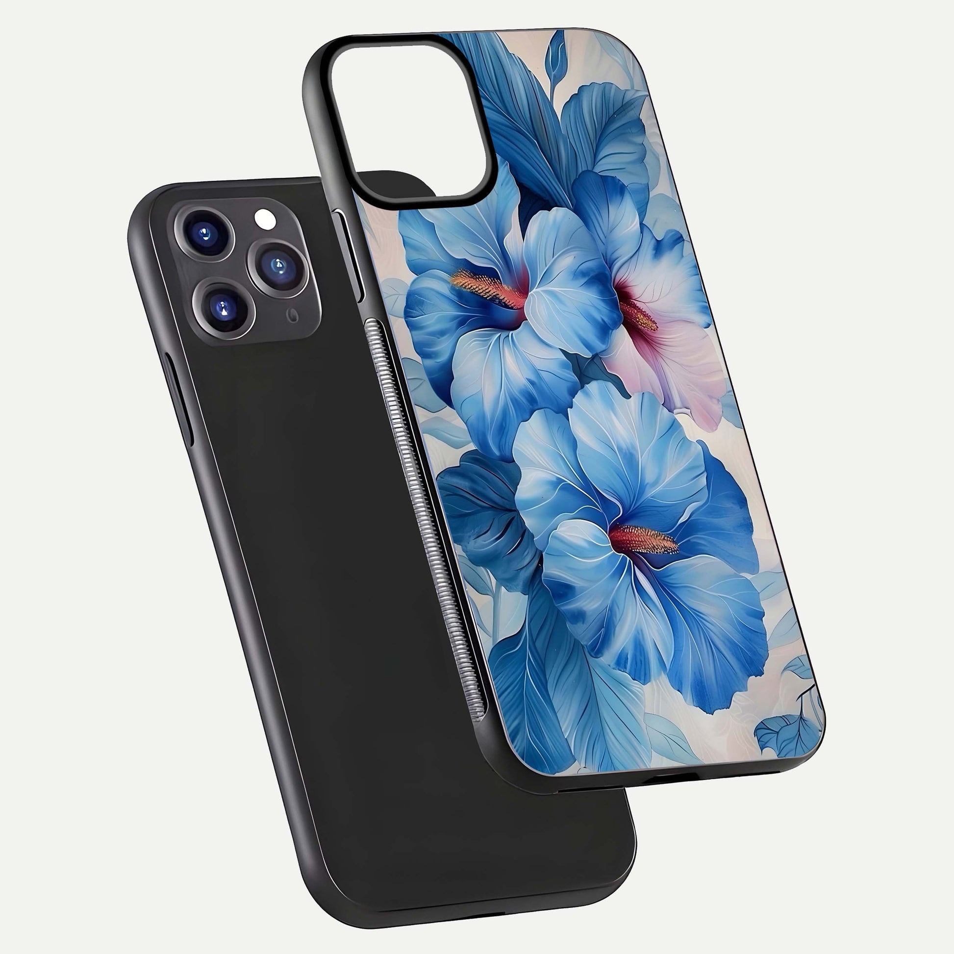 Ocean Hibiscus Grace Glass Case for iPhone 11 Pro Max front & back layout showing vibrant oceanic tones and curves