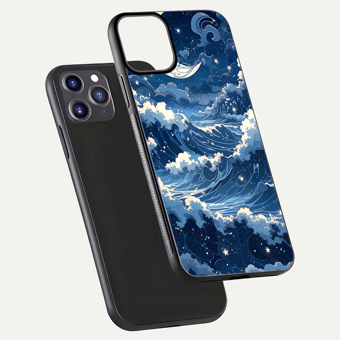 Ocean Moon Waves Glass Case for iPhone 11 Pro Max front & back layout highlighting water flow and smooth edges