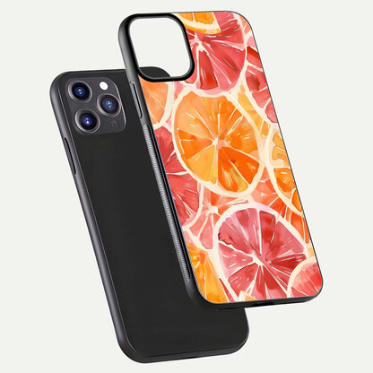 Orange Fruits Pattern Glass Case for iPhone 11 Pro Max front & back layout highlighting bright colors and clean edges