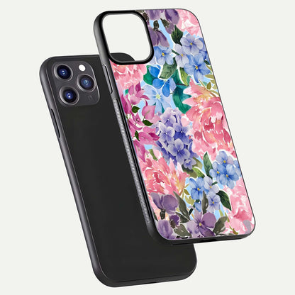 Pastel Floral Mix Glass Case for iPhone 11 Pro Max front & back layout showing gentle tones and elegant edges