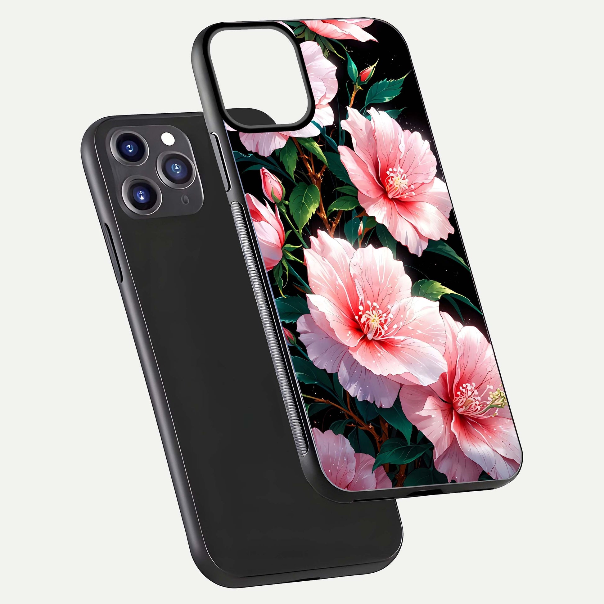 Peach Flower Glass Case for iPhone 11 Pro Max front & back layout showing elegant floral tones and smooth edges