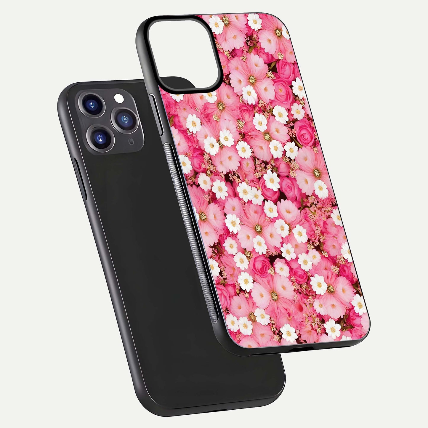 Pink Daisy Bliss Glass Case for iPhone 11 Pro Max front & back layout showing HD floral tones and edge finish