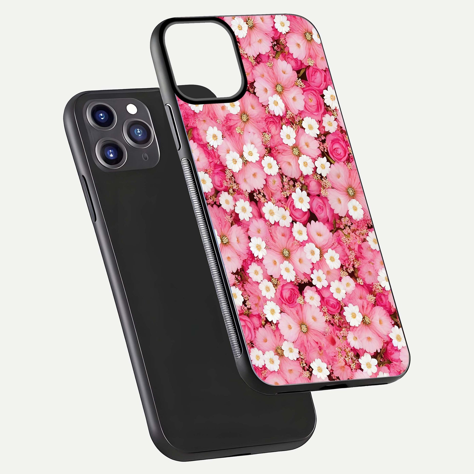 Pink Daisy Bliss Glass Case for iPhone 11 Pro Max front & back layout showing HD floral tones and edge finish