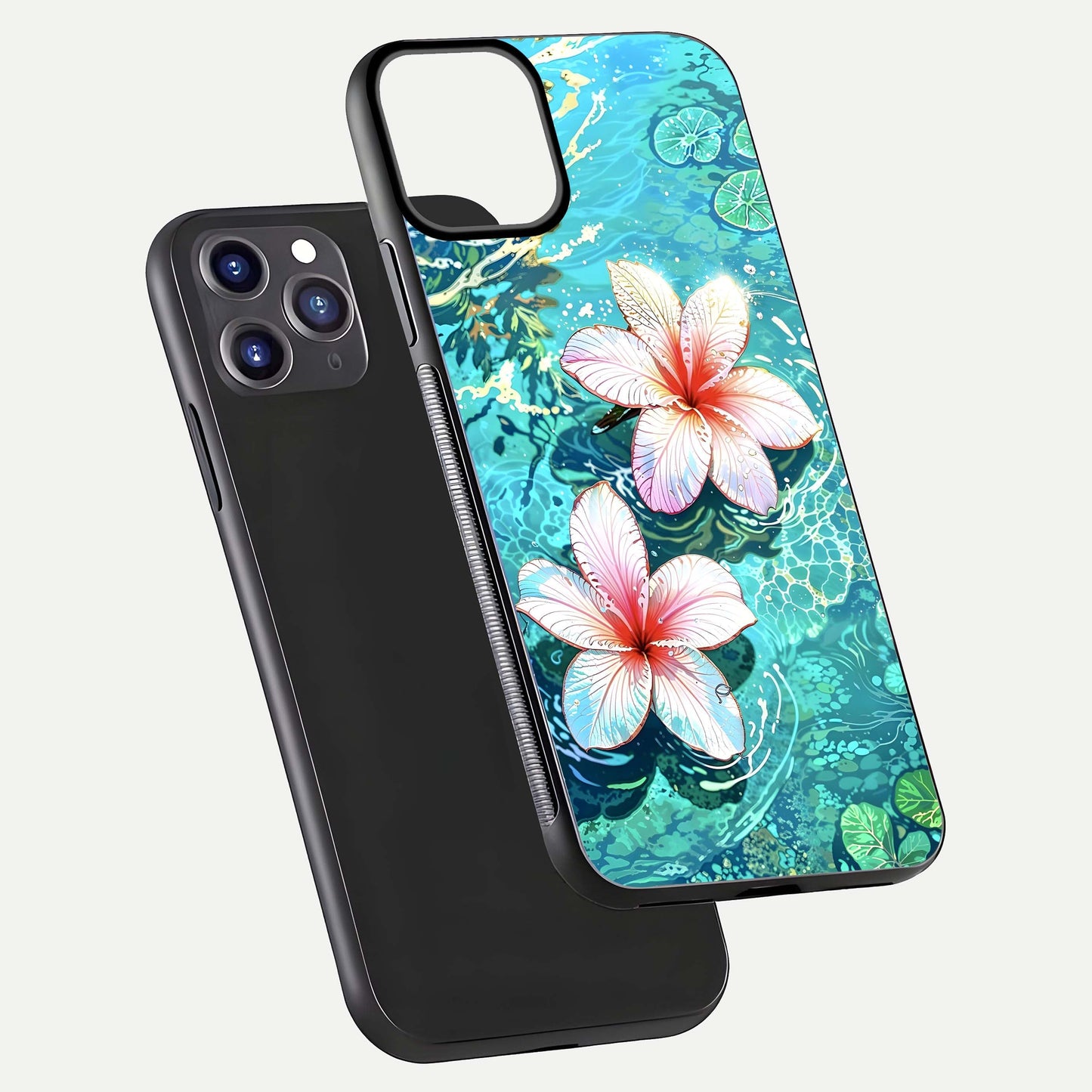 Pink Flowers in Water Glass Case for iPhone 11 Pro Max front & back layout showing elegant pastel floral tones