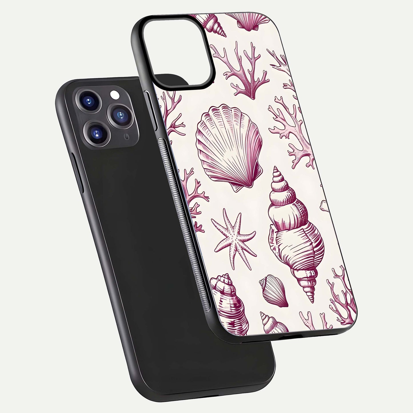 Pink Shells Outline Glass Case for iPhone 11 Pro Max front & back layout showing soft pastel tones and edge design