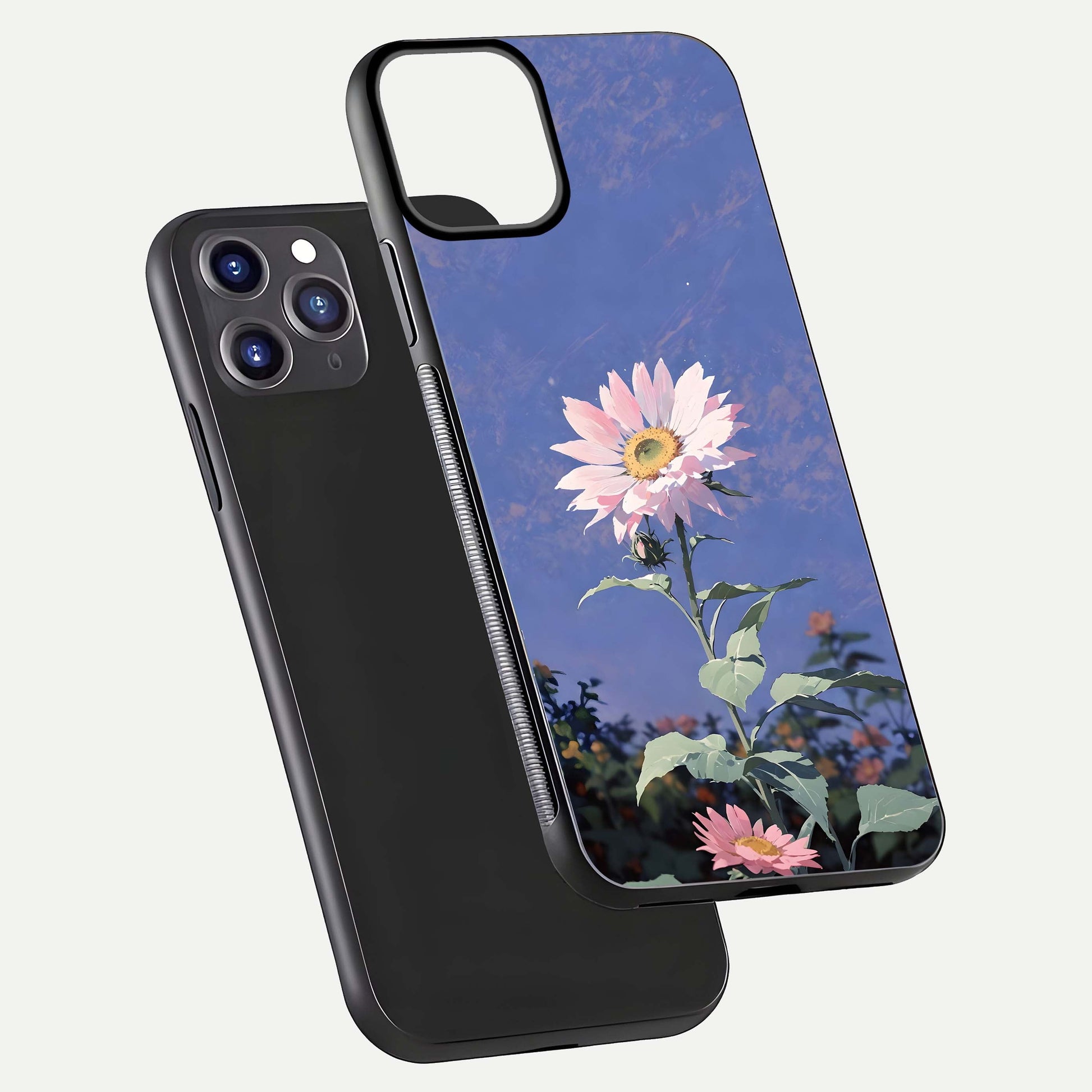 Pink Sunflower Glow Glass Case for iPhone 11 Pro Max front & back layout showing HD tones and bright finish