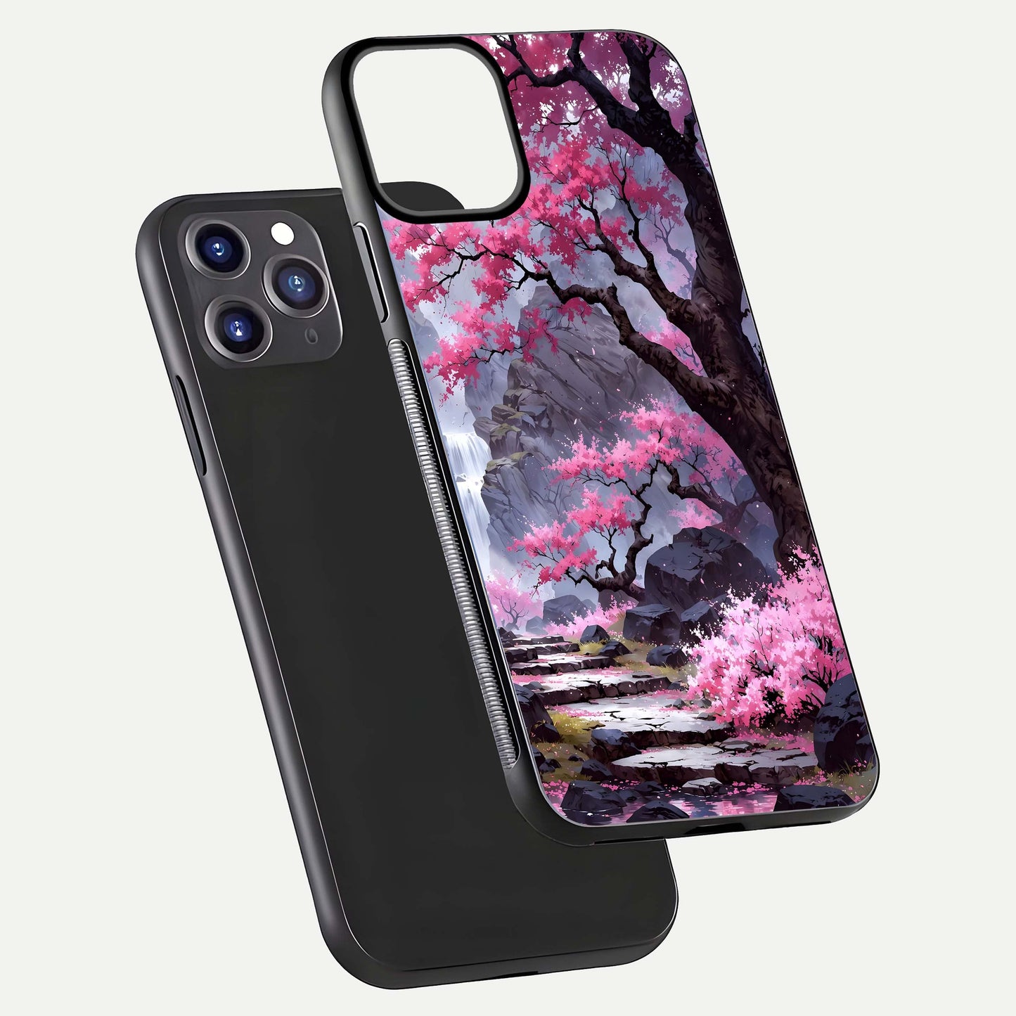 Pinkish Scenery Glass Case for iPhone 11 Pro Max front & back layout showing landscape art and curved edge finish