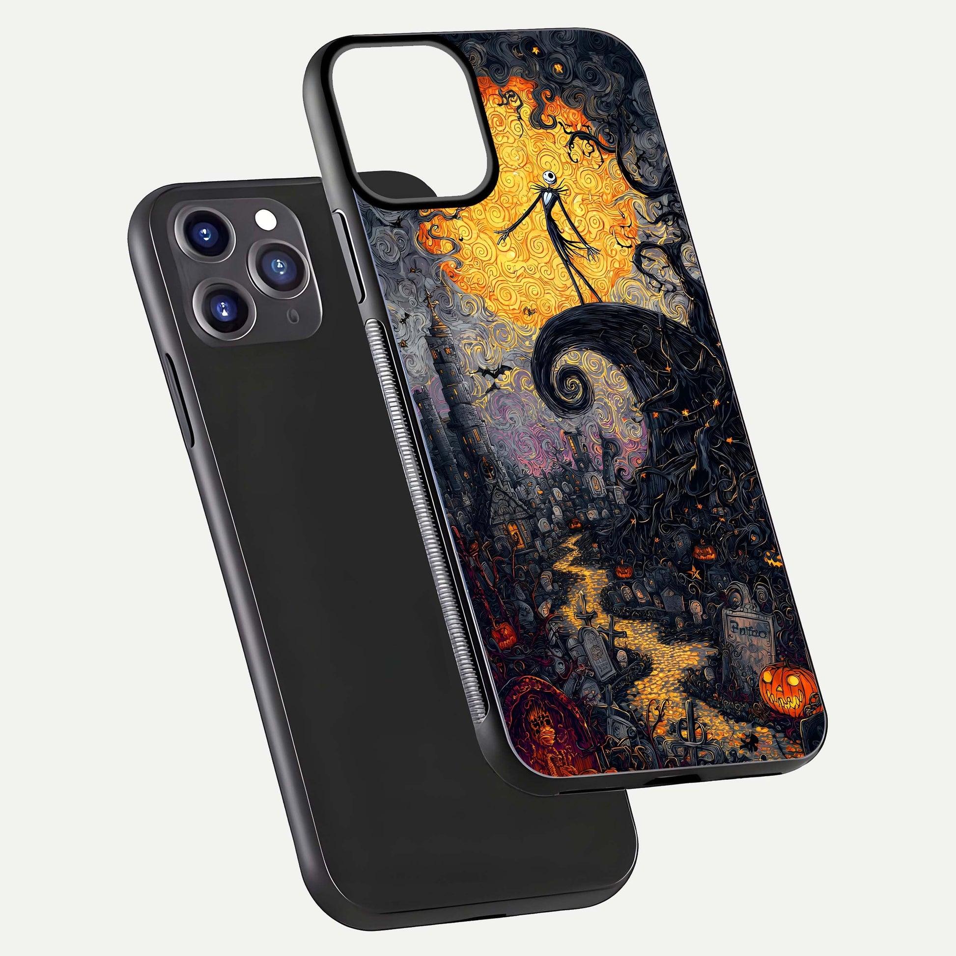 Pumpkin Moon Night Glass Case for iPhone 11 Pro Max front & back layout highlighting festive tones and smooth edges