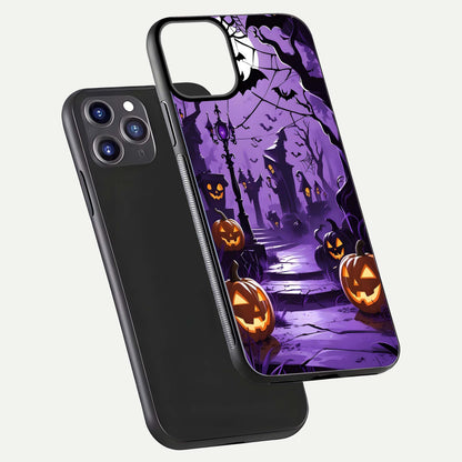 Pumpkin Patch Halloween Glass Case for iPhone 11 Pro Max front & back layout showing festive Halloween print