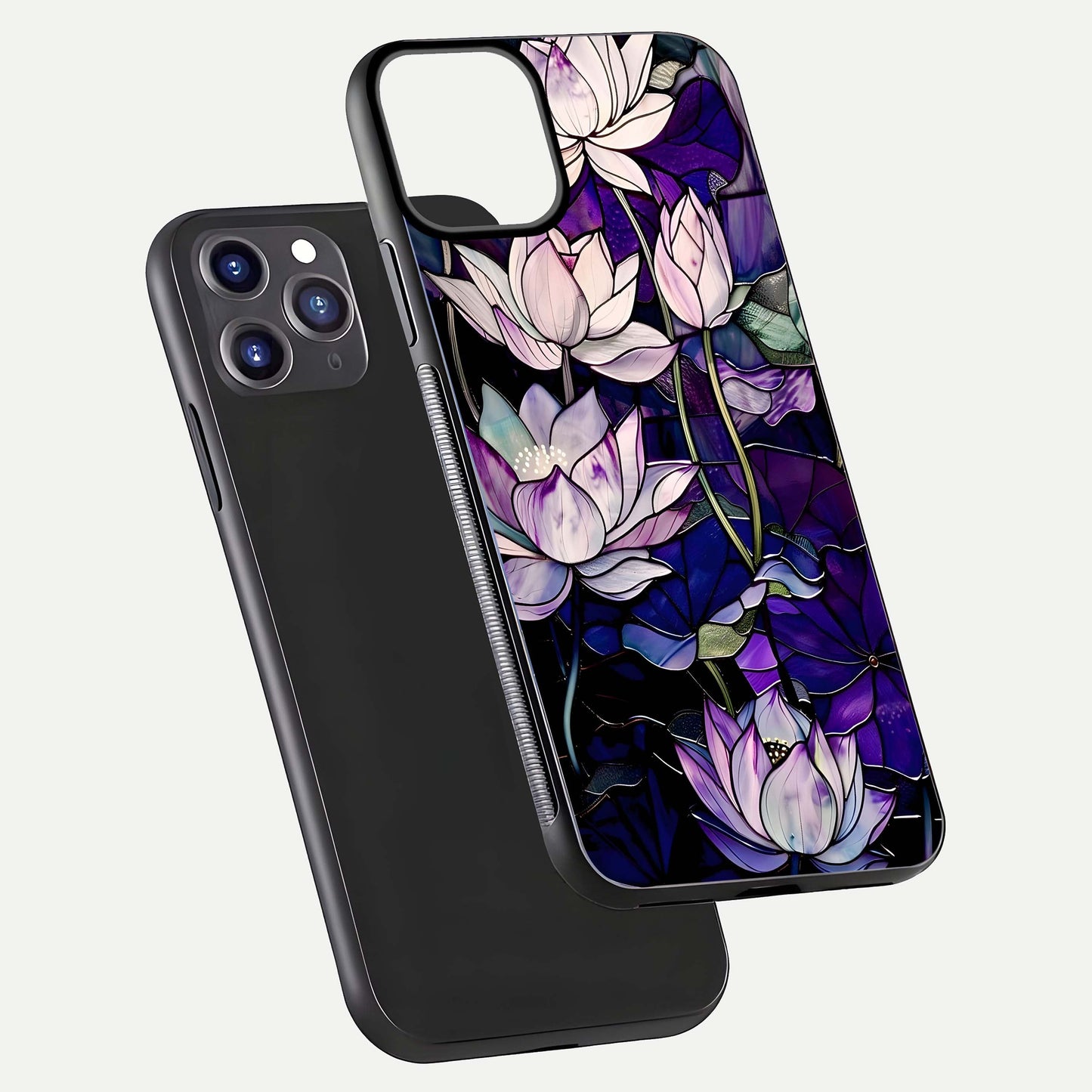 Purple Lotus Pattern Glass Case for iPhone 11 Pro Max front & back layout highlighting floral tones and soft edges