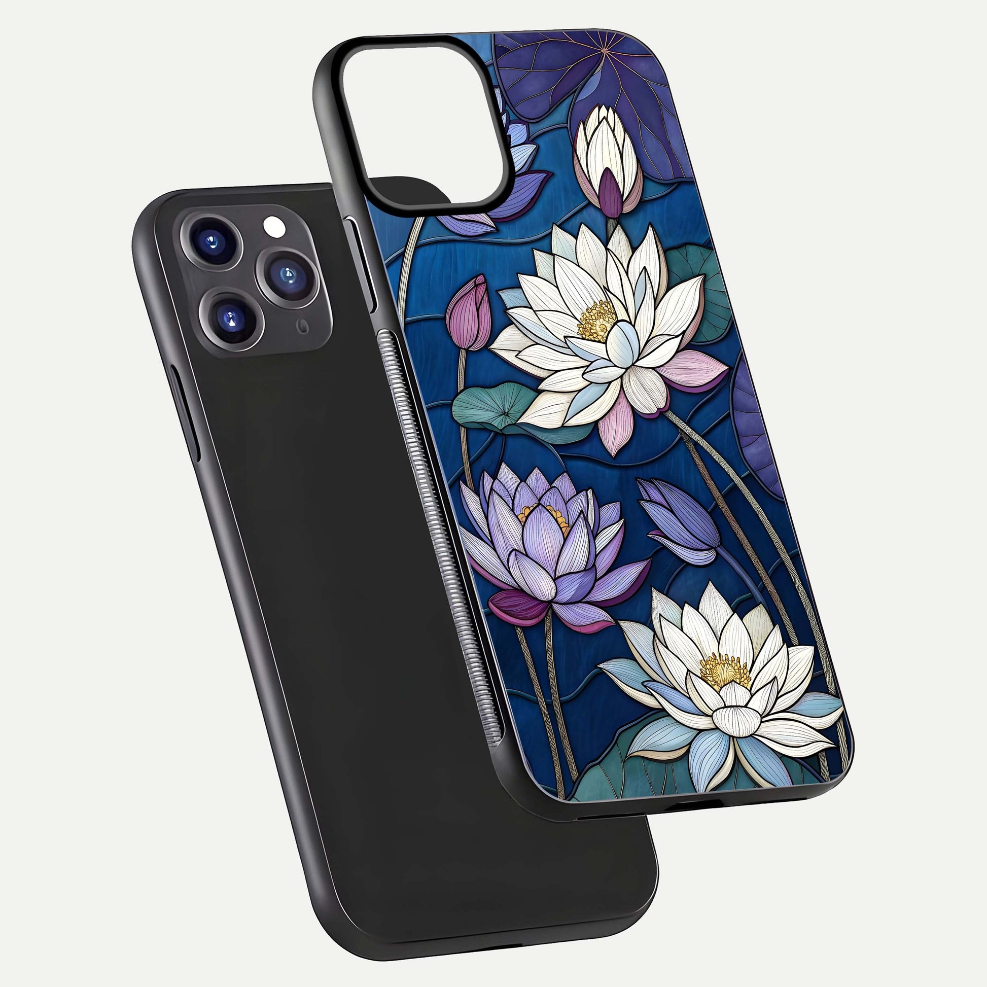 Purple Lotus Stained Glass Case for iPhone 11 Pro Max front & back layout showing bright tones and smooth edge finish