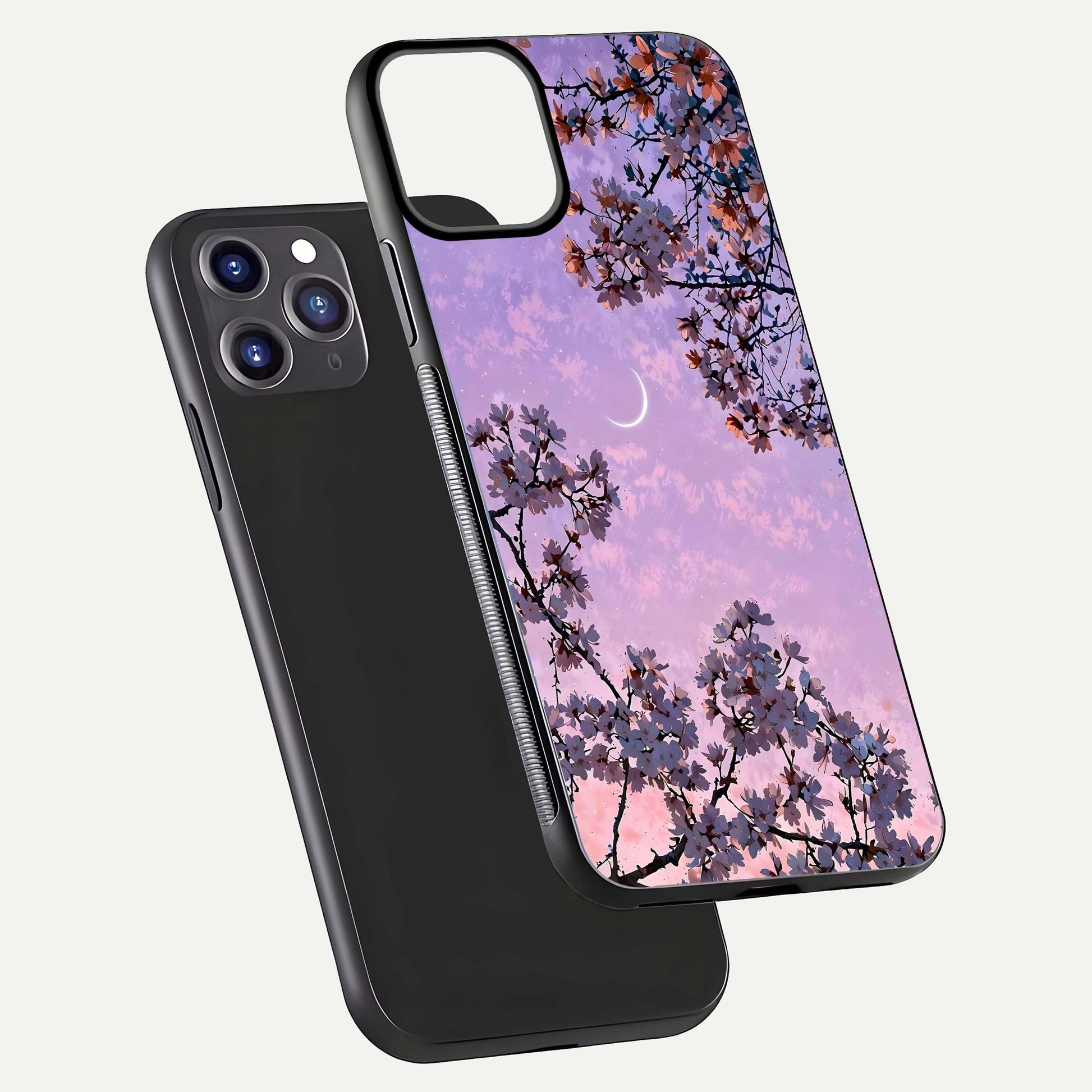 Purple Serenity Moon Glass Case for iPhone 11 Pro Max front & back layout highlighting celestial tones and curves